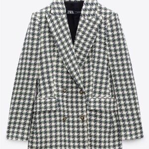 Zara Women's Green and White Checkered Blazer